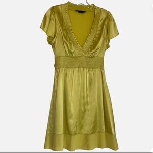 BCBGMaxazria Silk Dress Deep V Neck Smocked Empire Tie Waist Flutter Sleeves Sm